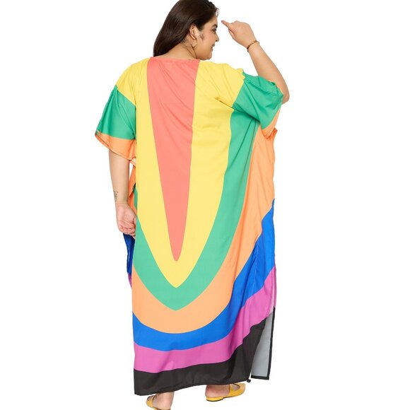 Gypsie Blu Women Rainbow Printed Kaftan Maxi Dress Kimono Sleeve Dress for Beach - Picture 7 of 9